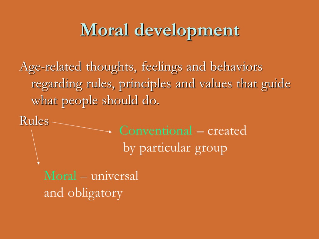 Moral development Age-related thoughts, feelings and behaviors regarding rules, principles and values that guide